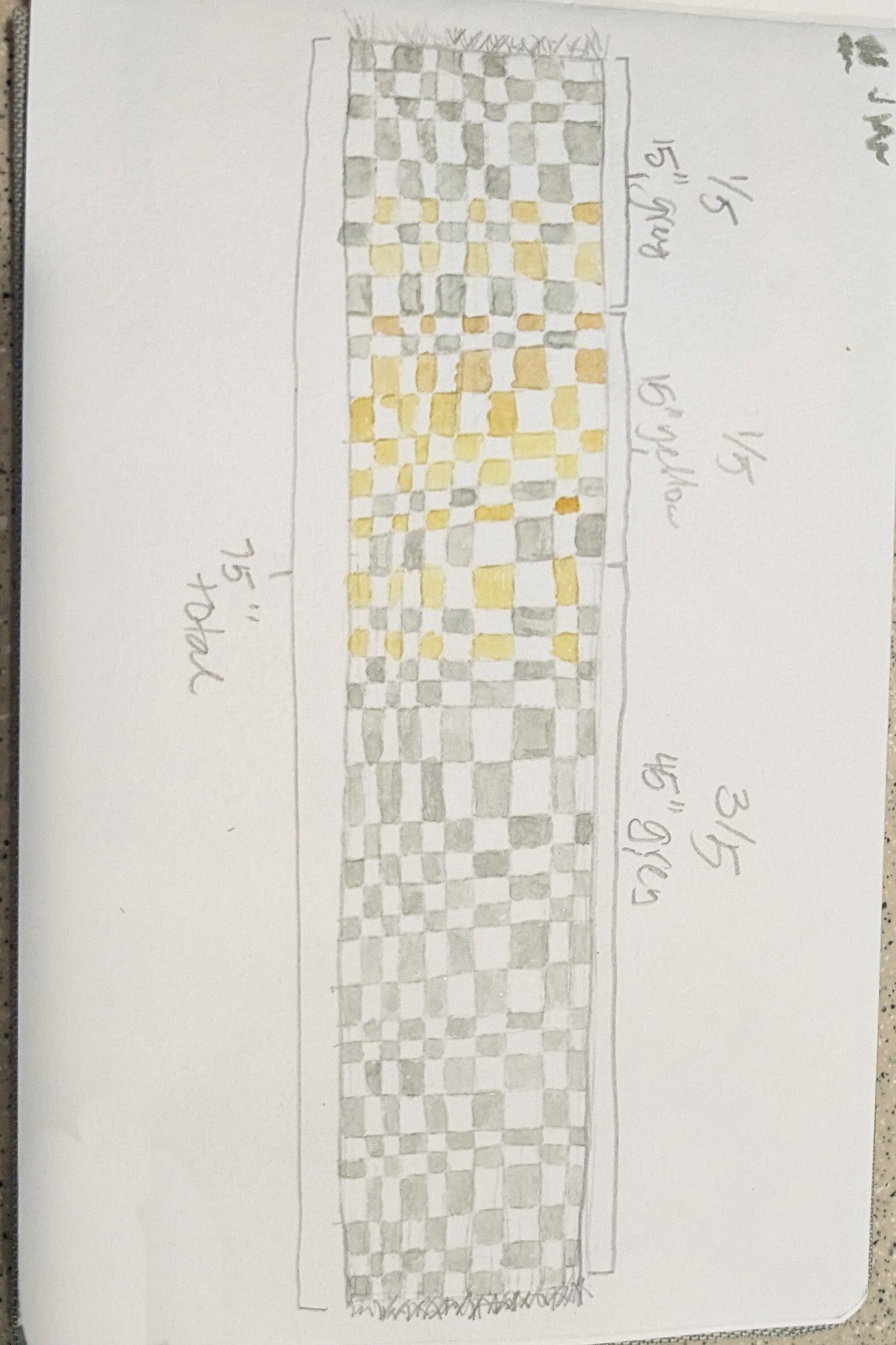 a pencil and watercolor sketch of a table runner featuring a gray and yellow asymmetrical grid pattern. 